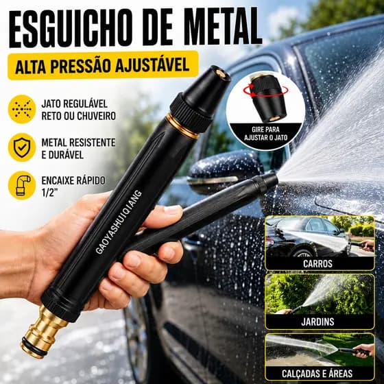 Esguicho de Metal Alta Pressão Ajustável para Mangueira 1/2" Bico Pulverizador para Lavagem de Carros Jardim Quintal