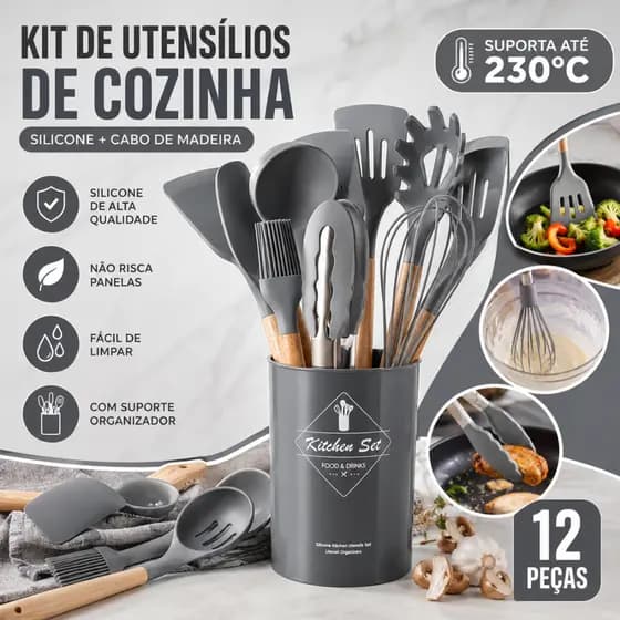 Kit Utensílios de Cozinha Silicone 12 Peças Cabo de Madeira Resistente 230°C com Suporte Organizador