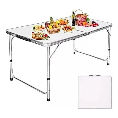 Kit Mesa Dobrável Portátil Vira Maleta Camping Churrasco 120X60cm com 4 Banquinhos Dobráveis Brancos
