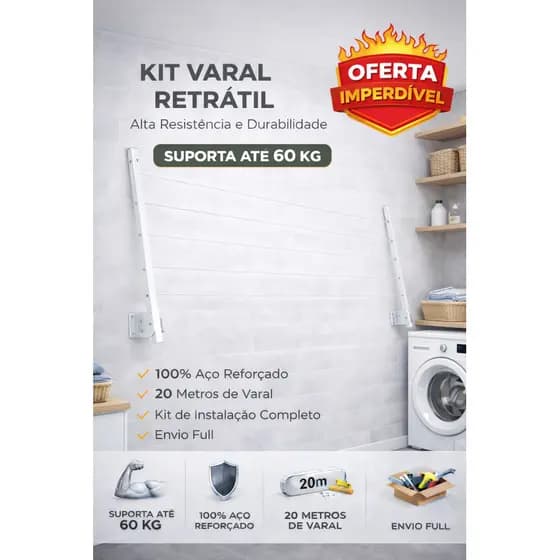 Varal de Roupa de Parede Retrátil de alumínio para Sacada Até 60kg - BRANCO
