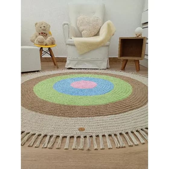 Tapete De Crochê Redondo Infantil Com Franja Boho Chic 120cm Quarto Bebê Maternidade Fio Duplo Algodão Lavável