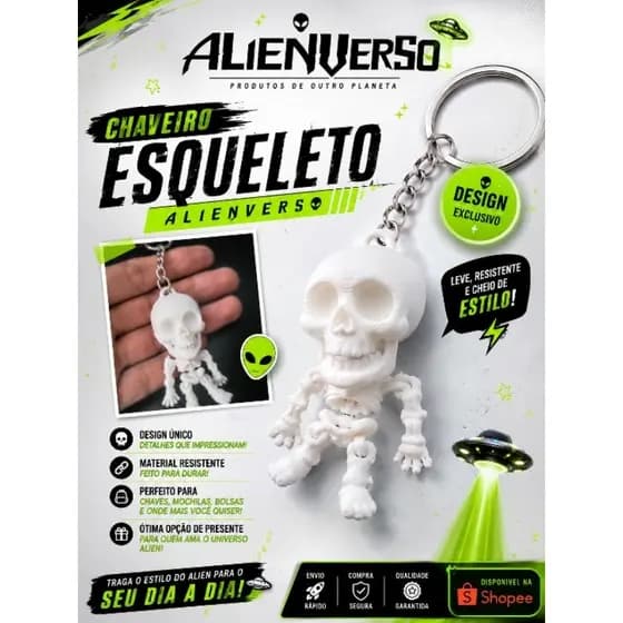 Chaveiro Esqueleto Articulado 3D AlienVerso – Decoração Geek, Halloween, Mochila e Chaves