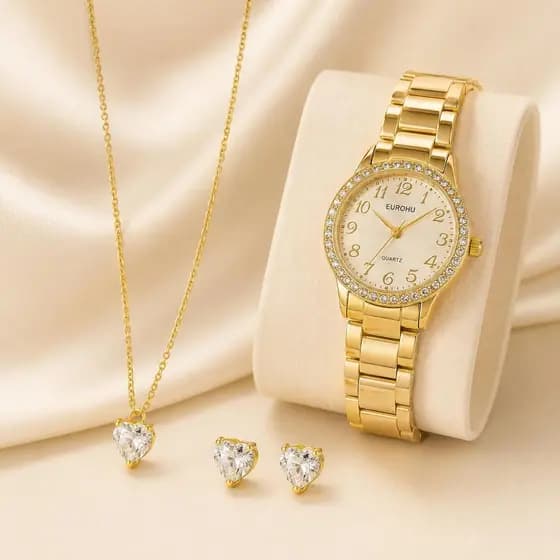 KIT LUXO Relógio à Prova D´Água Feminino Luxo Pallyjane Dourado Banhado a Ouro Moda Feminina