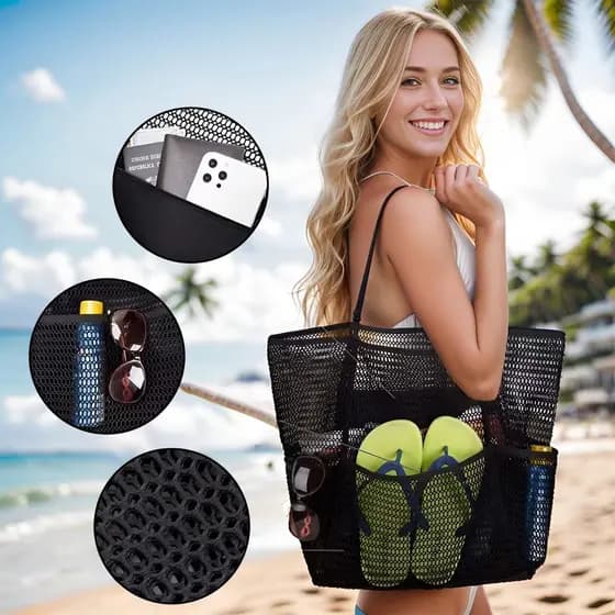 Bolsa de praia de venda quente Bolsa de praia de malha de camada dupla Bolsa de armazenamento de produtos de higiene pes