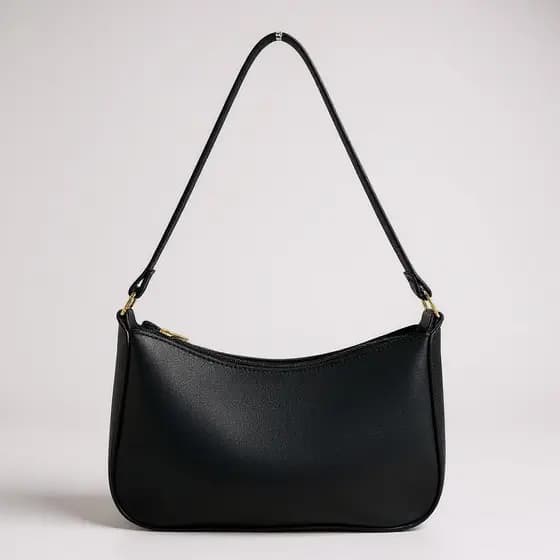Bolsa de ombro feminina estilo baguete, bolsa em formato de lua com detalhes dourados e fecho de zíper.