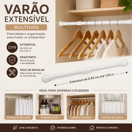 Varão Extensível Cortina Sem Furo Por Pressão Multiuso Cabideiro 45 a 150cm