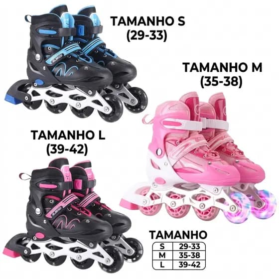 Patins Roller Inline Infantil Ajustável Varia cor Com Luz De Led Profissional Promoção
