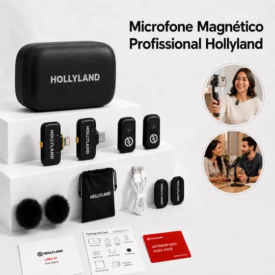 Hollyland LARK A1 Mini Duo Combo Microfone Sem Fio Mini para iPhone 15/16 e Android (2TX + USB-C RX) Microfone Magnético