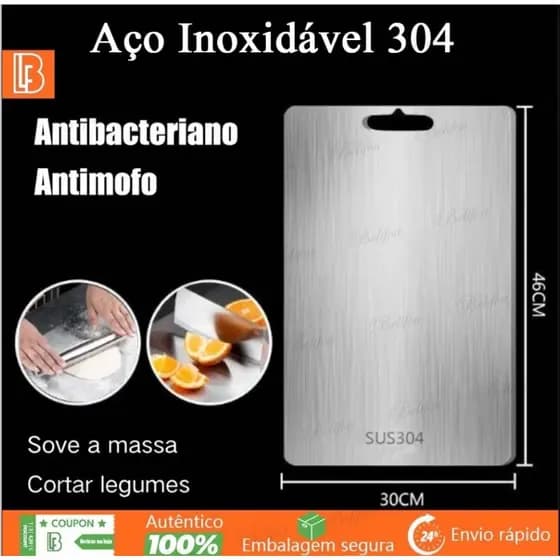 Tábua de Corte Inox 304 Belifou 46cm – Aço Inoxidável Antibacteriana, Anti Mofo e Resistente para Cozinha