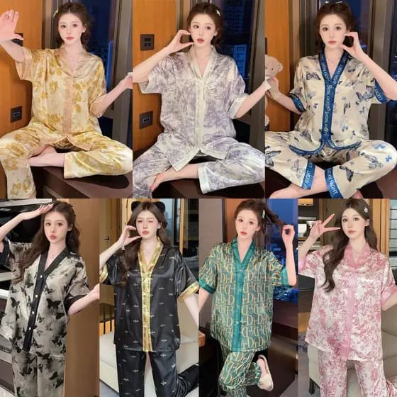 🚀Entrega Rápida🚀Pijama Seda Gelada Manga Curta e Calça Longa, Alta Qualidade em Seda Falsa, Loungewear