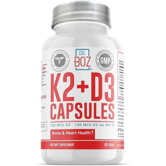 Dr. Boz - Cápsulas K2+D3, 66 Porções - Suplemento de Vitamina D3 K2 com BioPerine - Saúde dos Ossos e do Coração - Absor