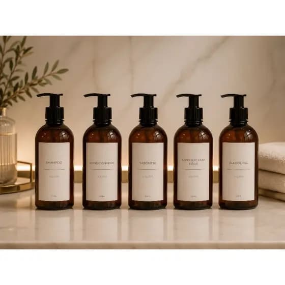 Kit Completo Premium – 5 Frascos de Shampoo, Condicionador, Sabonete, Sabonete para Mãos e Álcool Gel