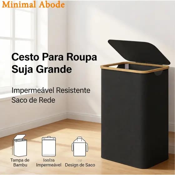 Cesto de roupa suja dobrável de grande capacidade 120L, com tampa, estrutura de bambu, tecido Oxford impermeável 600D du