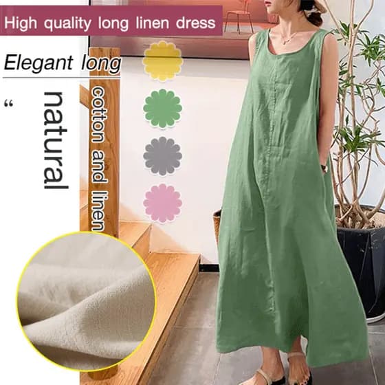 【Confortável e Elegante】Vestido Longo Sem Mangas Com Bolso Verão/Decote Redondo/Moda Feminina