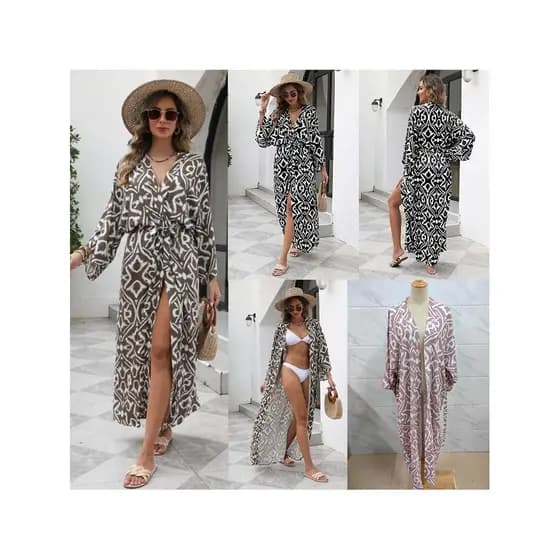 2026 novo estilo europeu americano praia protetor solar Cardigan feminino férias impresso longo biquíni exterior maiô bl