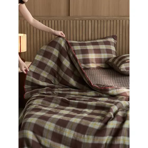 Simples classe A algodão dupla camada fio soja verão colcha conjunto de quatro peças fio-tingido xadrez Jacquard ar cond