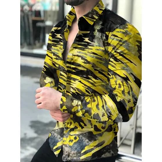 Camisas Sociais Masculinas de Outono, Gola Dobrada, Camisa Abotoada, Estampa Abstrata Casual, Manga Longa, Roupas Mascul