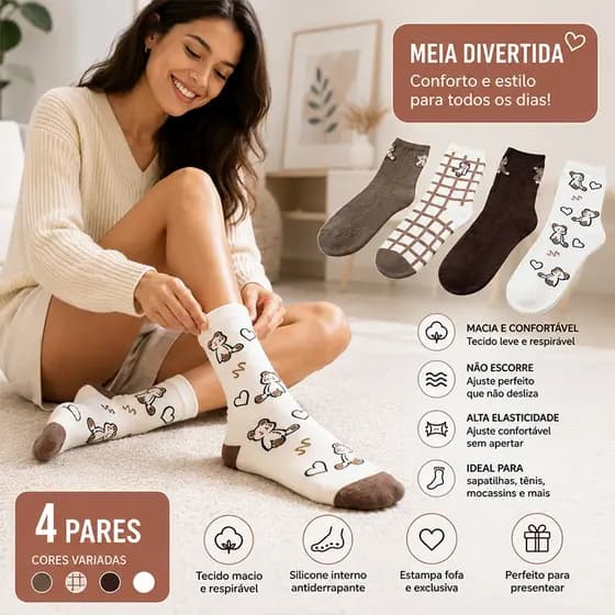 meia feminina cano medio,Kit 4 Pares de Meias Femininas Estampado Ursinho Confortável - Tamanho Único