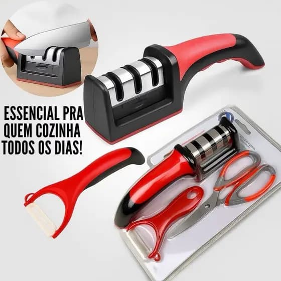 Conjunto de Cozinha Completo 3 peças Tesoura Inox Afiador Descascador