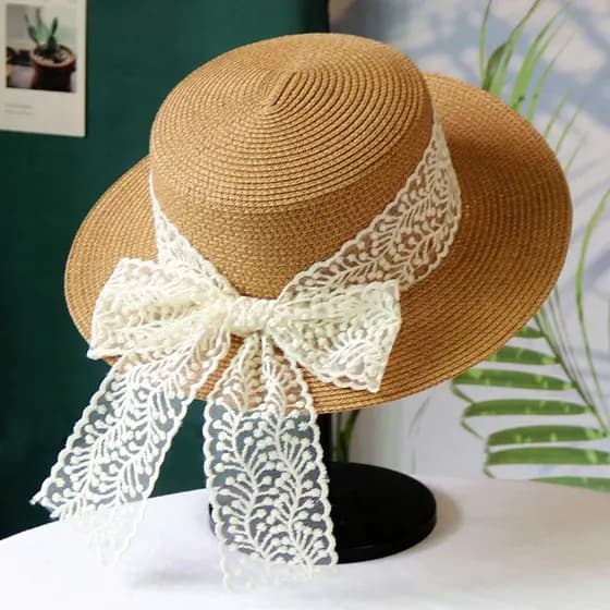 Chapéu feminino estilo japonês laço fresco arco plana superior chapéu de palha verão viagem guarda-sol protetor solar ab