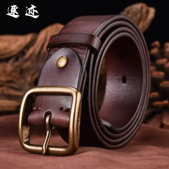 Cinto de couro masculino puro primeira camada de couro fivela de cobre artesanal Retro All-Match artesanal velho pino fi