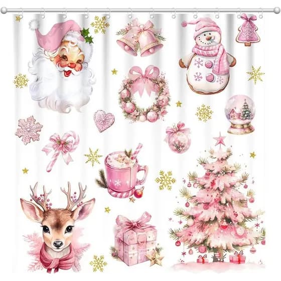 Cortina de Banheiro de Natal 72" x 72" Rosa com Papai Noel, Renas, Decorações de Natal para Banheiro, Árvores de Natal,