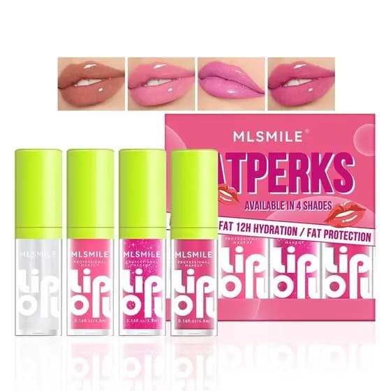 Conjunto de Óleos Labiais Volumizadores em 4 Cores, Óleo Labial Hidratante com Brilho e Aplicador Grande, Gloss Labial T