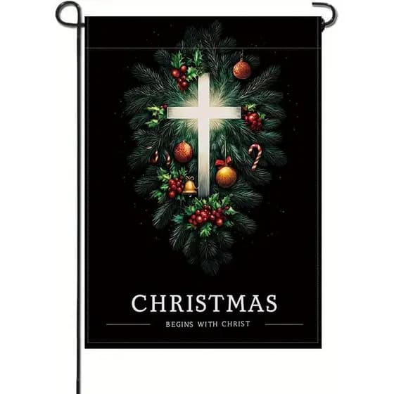 Bandeira de Jardim de Natal 12x18 polegadas Dupla Face - Bandeira de Pátio Externo com Cruz Cristã, Guirlanda de Ramos d