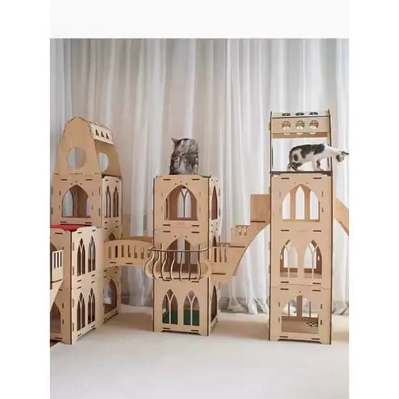 Castelo para Gatos, Cápsula Espacial, Casa de Blocos de Construção com Terraço, Escada para Gatos em Madeira Maciça, Cas