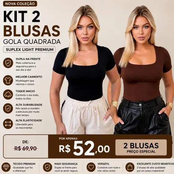 Kit 2 Blusas Femininas Plus Size Gola Quadrada Suplex Light Forro Frontal – Conforto 38-52