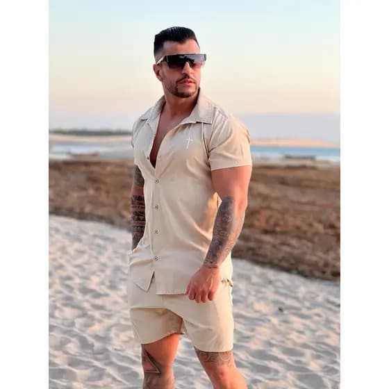 Conjunto Masculino Camisa Botão + Bermuda (Moda Praia Casual)