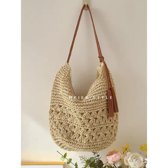 Bolsa francesa retrô de tecido com borla, bolsa de palha de grande capacidade, estilo preguiçoso, axila, bolsa de ombro,