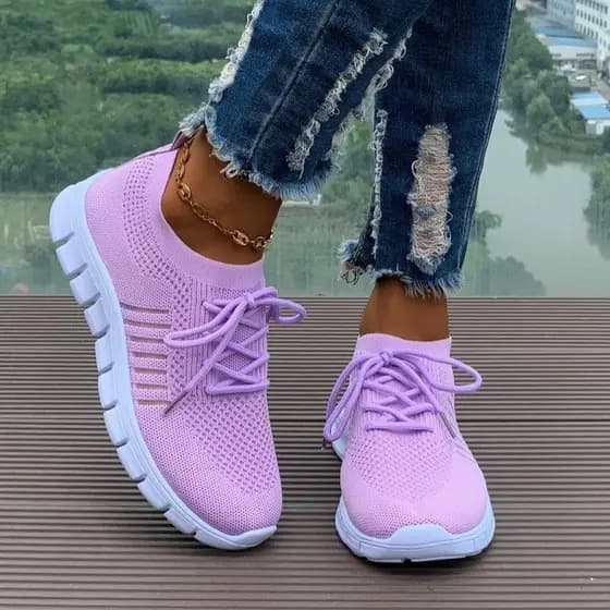 2025 verão tamanho grande 36-43 plana Casual respirável leve único sapatos de malha sapatos femininos rendas estudante t