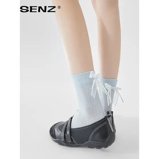 Estilo de balé meias femininas verão fino meados de tubo meias Bowknot azul com Mary Jane sapatos verão malha respirável