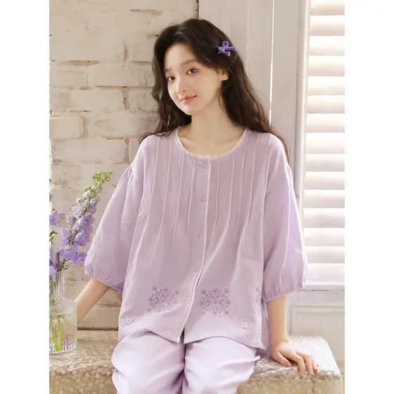 Pijamas de verão femininos de alta qualidade puro algodão gaze calças de manga três quartos terno doce bordado estilo fi