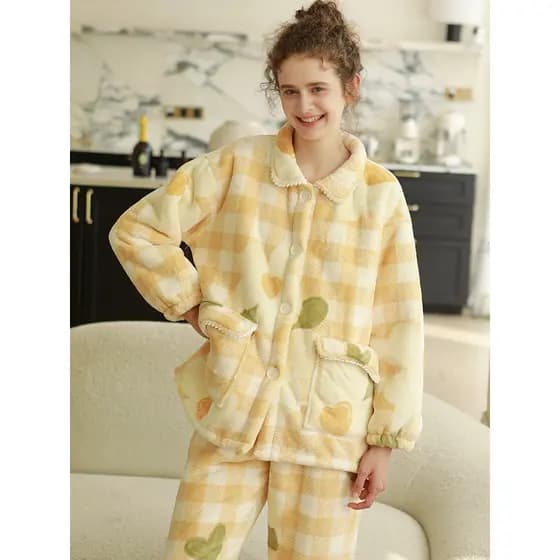 W Pijamas de inverno femininos forro de lã de leite espessamento manter quente doce Floral pode usar fora de lã de corde