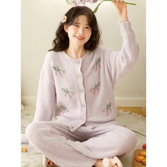 {Ilha de dormir} Pijama doce feminino outono inverno meia face lã espessada lã quente pode usar fora terno de casa