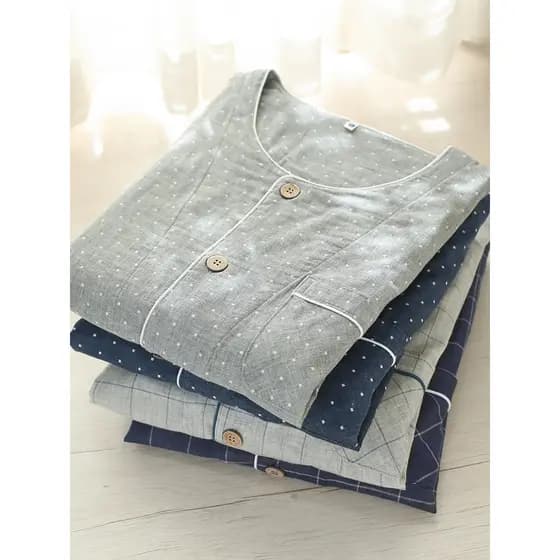 {Ilha de dormir} Pijamas masculinos de gaze de algodão puro verão xadrez masculino solto tamanho grande Shorts de manga