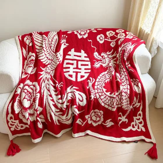 Estilo chinês dragão Phoenix Chengxiang meio lado velo cobertor de malha casamento vermelho dupla felicidade borla cober
