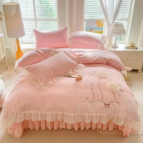 Capa de cama de algodão lavado estilo princesa coreana conjunto de quatro peças luz luxo renda colcha dormitório quarto