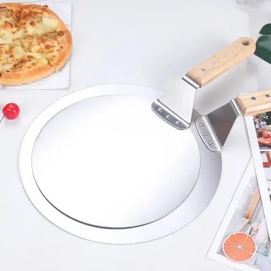 Pá redonda de aço inoxidável para pizza, 40cm, 33cm, pá de transferência de bolo de pizza, cabo de madeira, pá de queijo