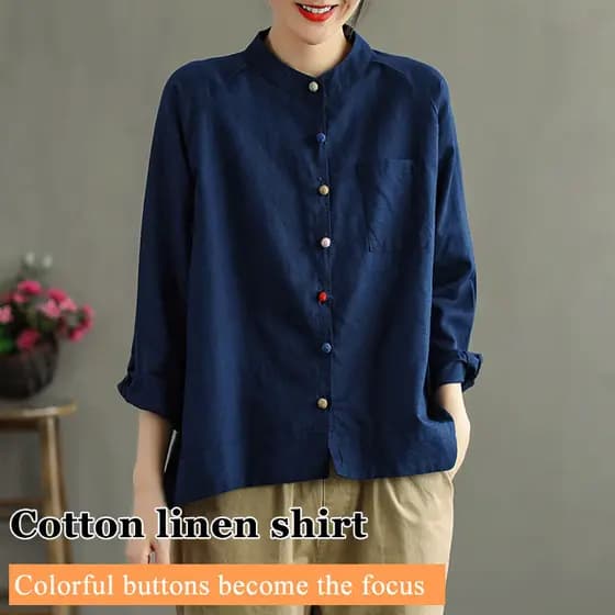 【Estilo Atemporal】Camisa de Linho Vintage Feminina para Outono/Camisa de Manga Longa/Blusa de Algodão e Linho