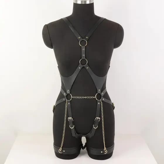 Arnês corporal feminino liga estilo gótico punk, cinto suspensório couro customizado para looks alternativos
