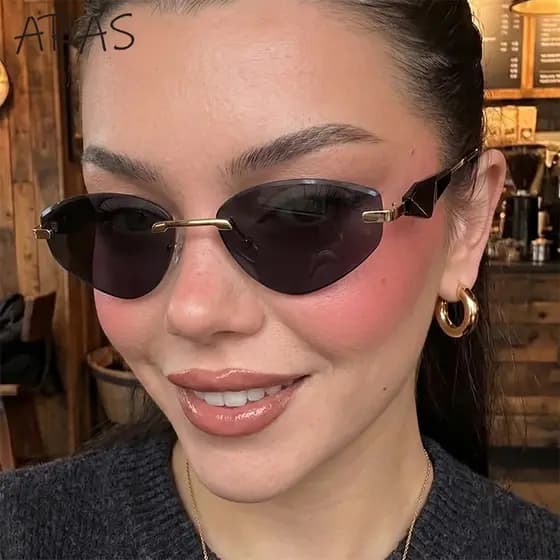 Óculos de Sol Feminino Sem Aro Formato Olho de Gato Design Irregular Estilo Y2K Punk Luxuoso para Festas