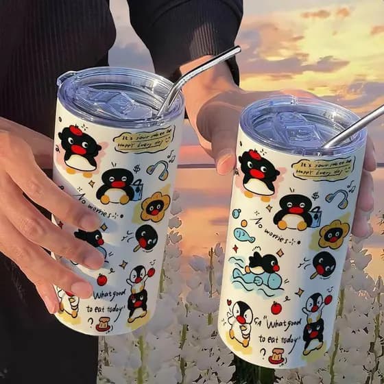 Pingu pinguim bonito dos desenhos animados copo térmico com palha prático copo de café ins alto valor portátil aço inoxi
