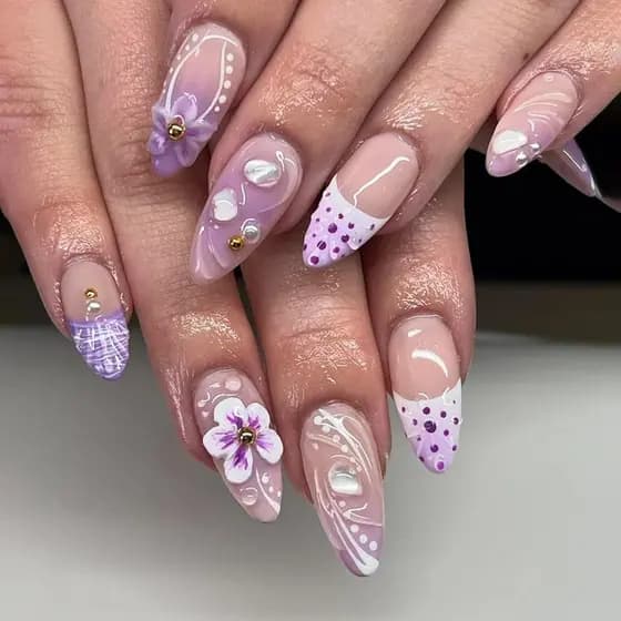 Unhas Postiças Roxas em Formato de Amêndoa com Design de Flor 3D, Unhas Falsas Médias com Cola, Unhas Acrílicas com Pont
