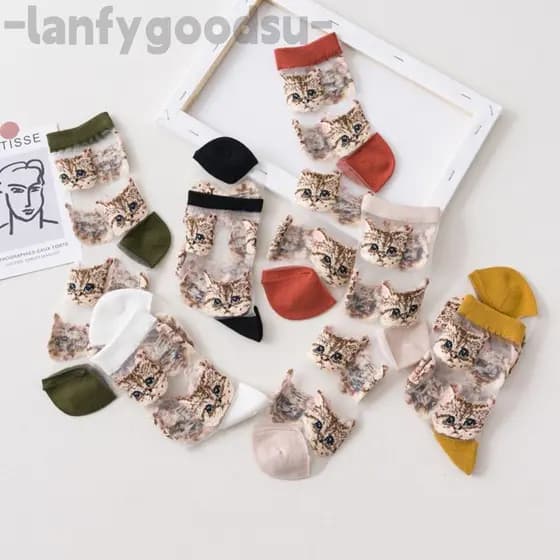LANFYGOODS Meias Com Padrão De Gato , De Seda De Cristal Transparente Ultrafinas Transparentes Bordadas