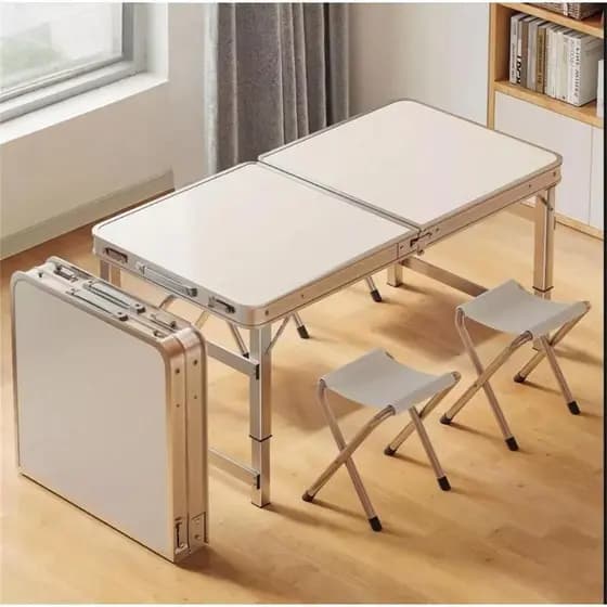 Kit Mesa Dobrável Portátil Vira Maleta Camping Churrasco 120X60cm com 4 Banquinhos Dobráveis Brancos