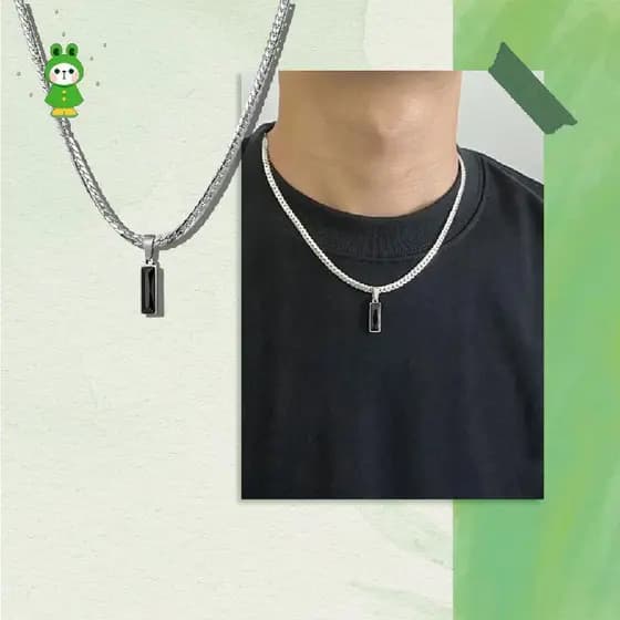 Colar De Corrente Plana De Aço Inoxidável Elegante Masculino Banhado A Prata Vidro Preto