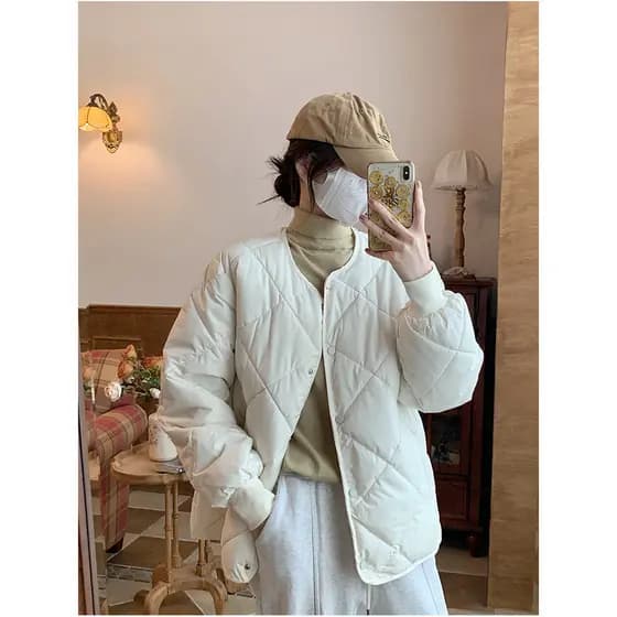 Outono inverno novo estilo de algodão acolchoado jaqueta feminina leve curto losango costura solta em torno do pescoço j